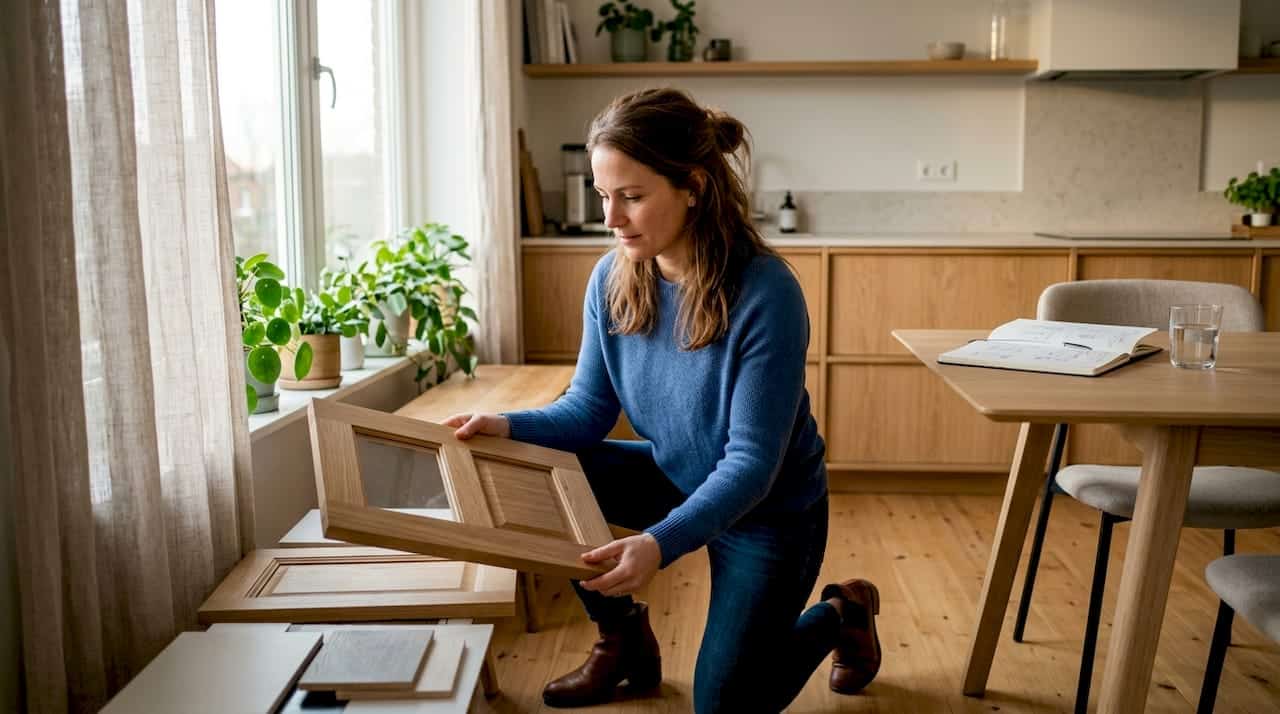 Een interieurontwerper bekijkt aandachtig een op maat gemaakte houten deur, waarbij hij let op de afwerking en details.