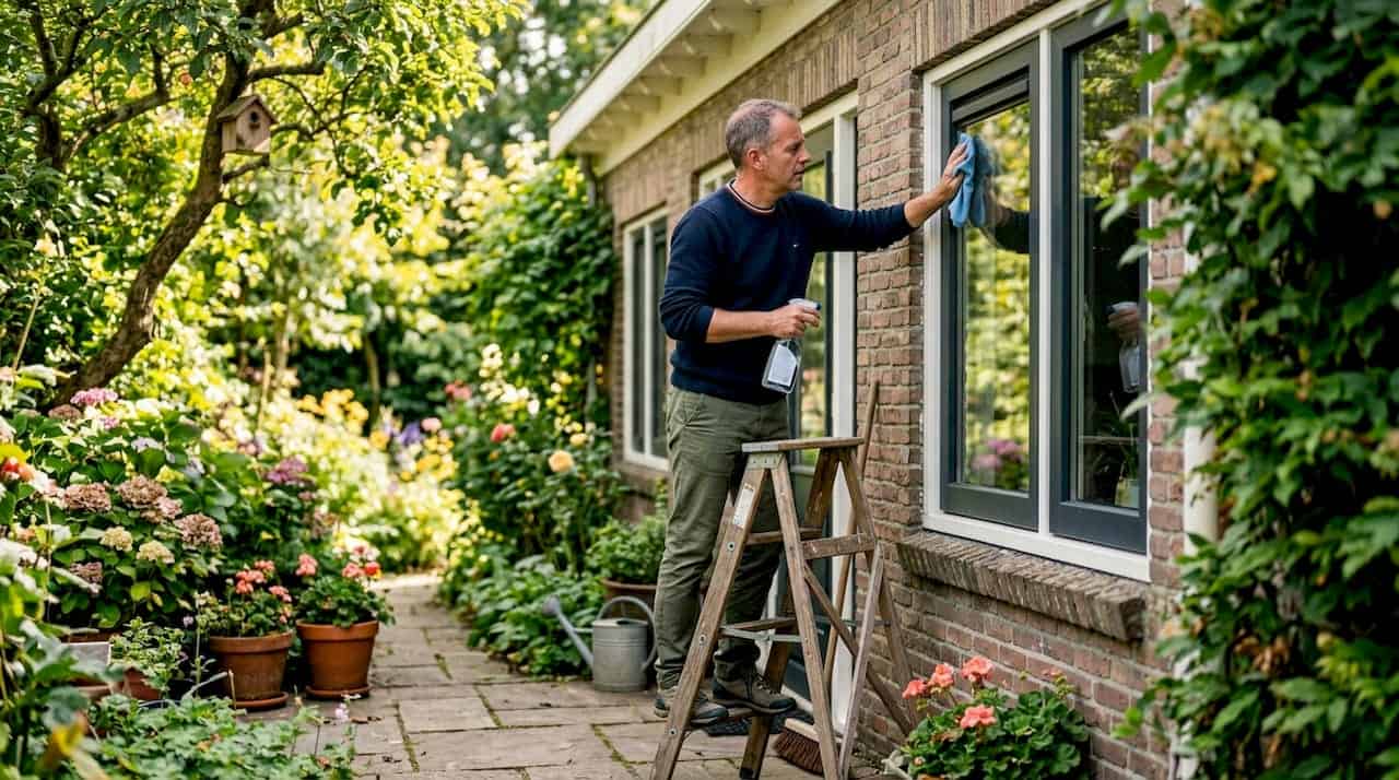 Een man is buiten bezig met het schoonmaken van een aluminium kozijn.