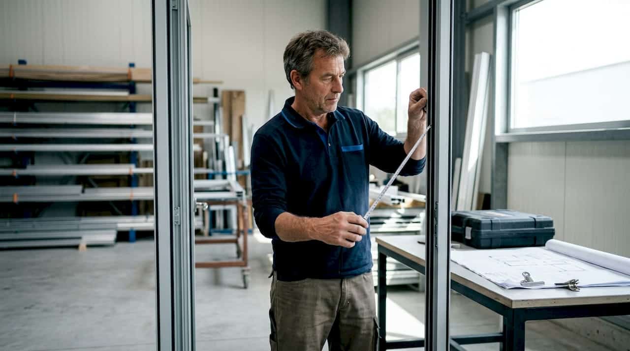 Een vakman neemt nauwkeurig de maten op van het deurkozijn met een meetlint.