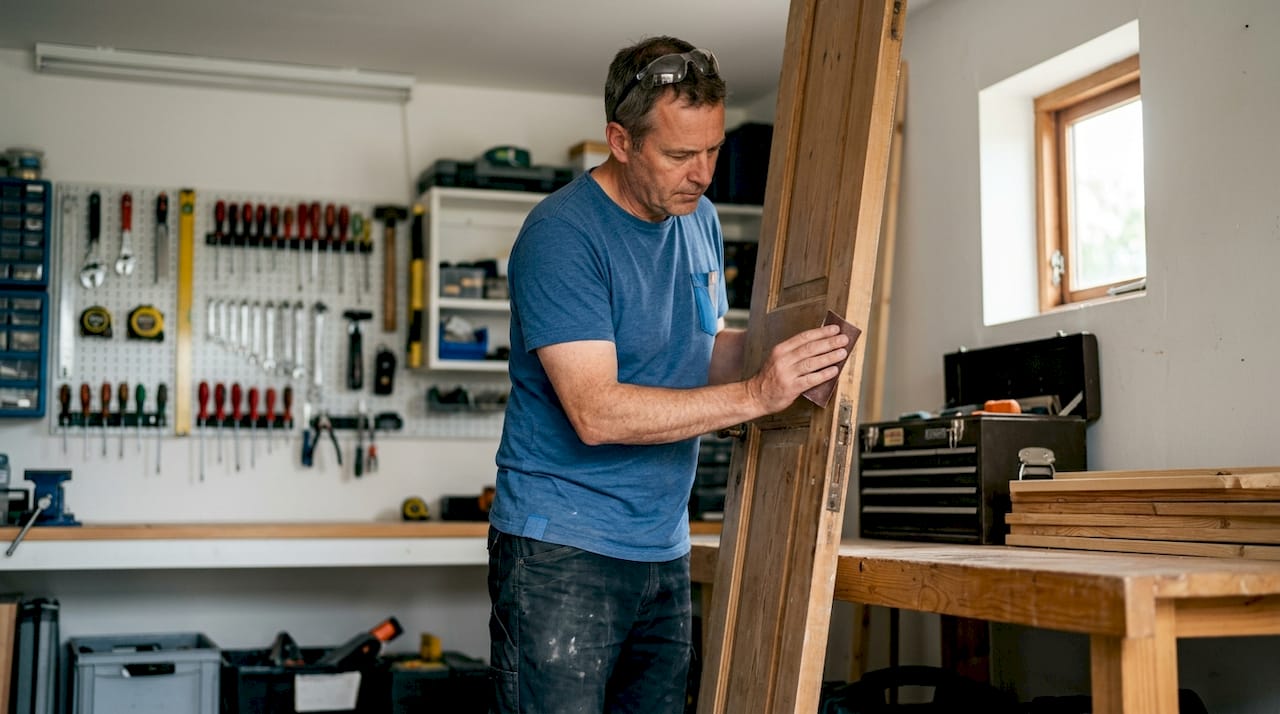 In de werkplaats is een man bezig een houten deur te schuren.