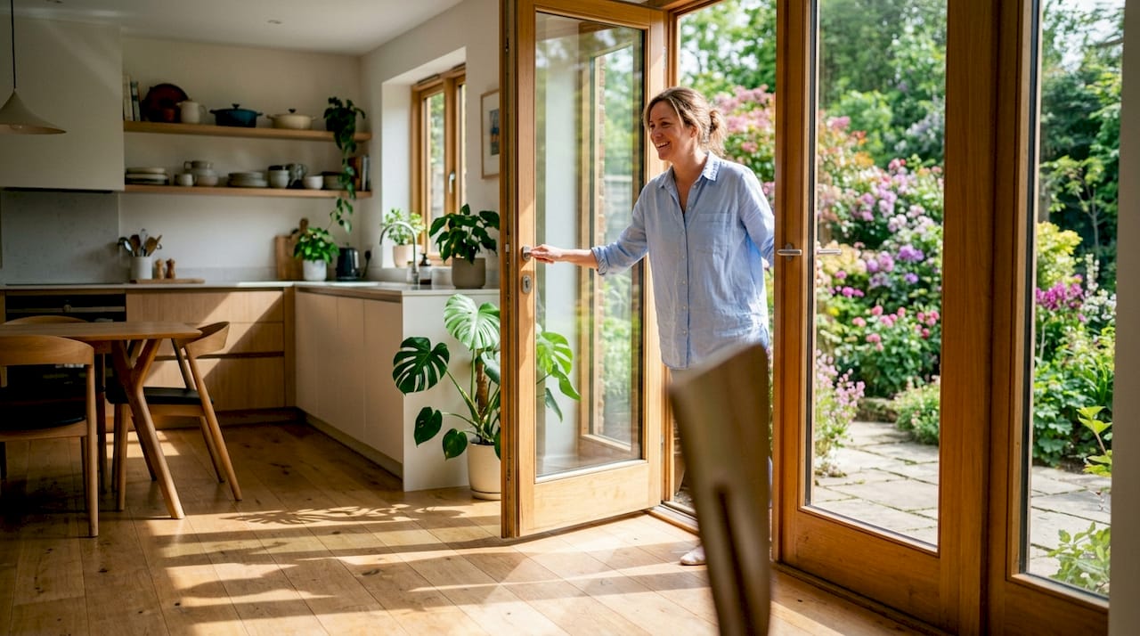 Een vrouw doet vanuit de woonkamer de tuindeuren open.