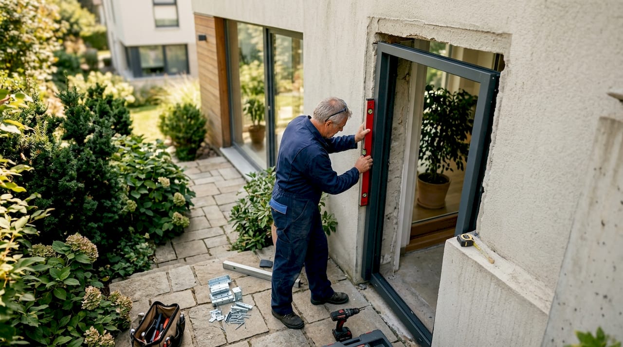 Vakkundige monteur plaatst stijlvolle stalen deur in de woonkamer