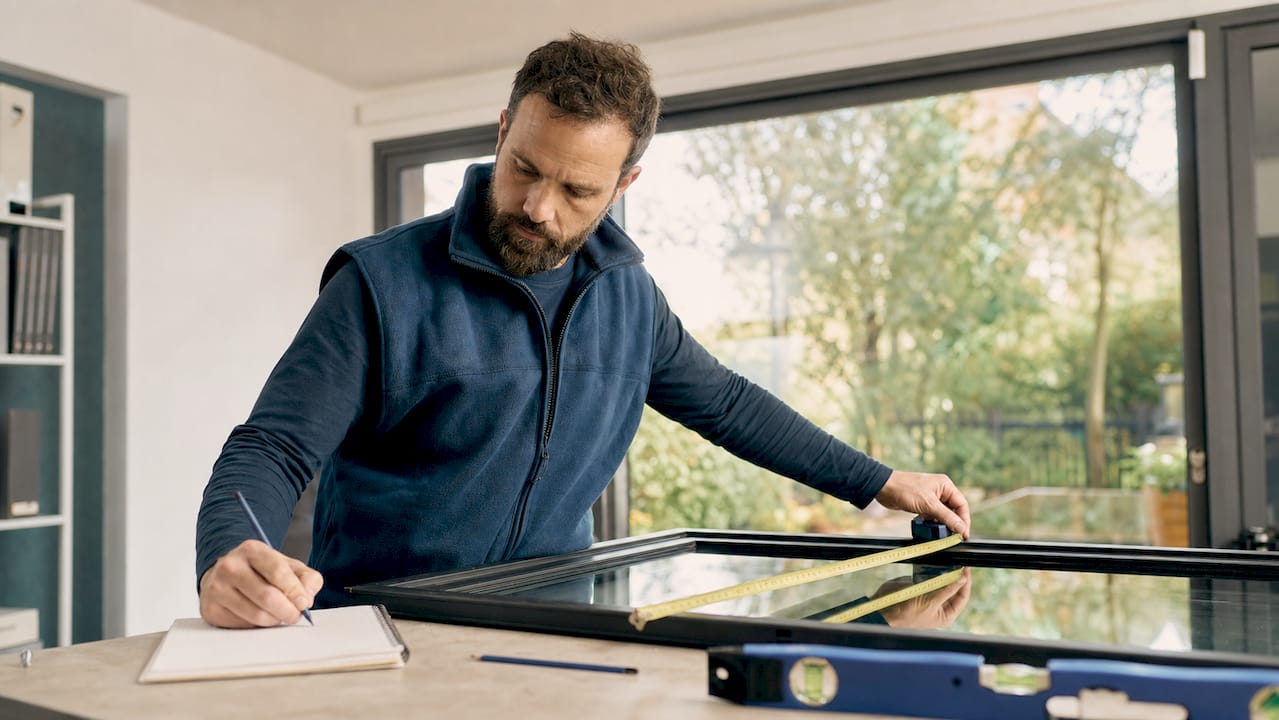 Man controleert de maten van het kozijn nauwkeurig op de werktafel.