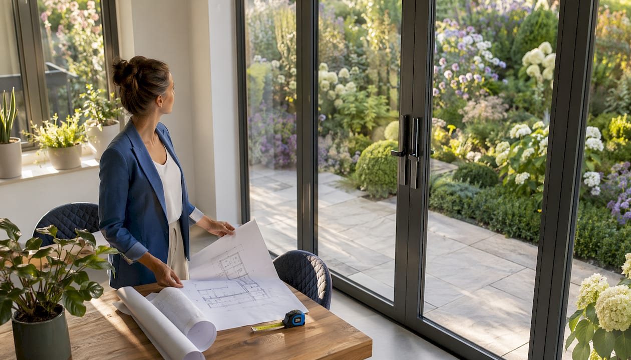 Een interieurontwerper beoordeelt slanke glazen schuifdeuren op afwerking en functionaliteit.