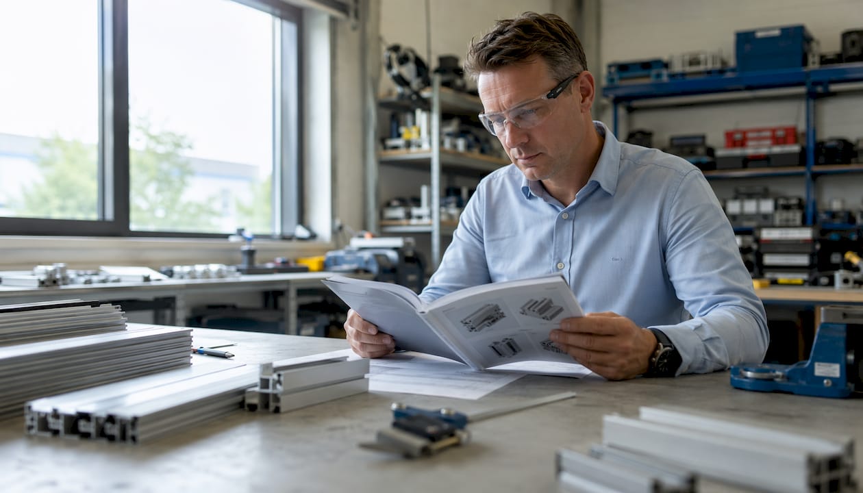 Een ingenieur bekijkt de technische handleiding van aluminium profielen.