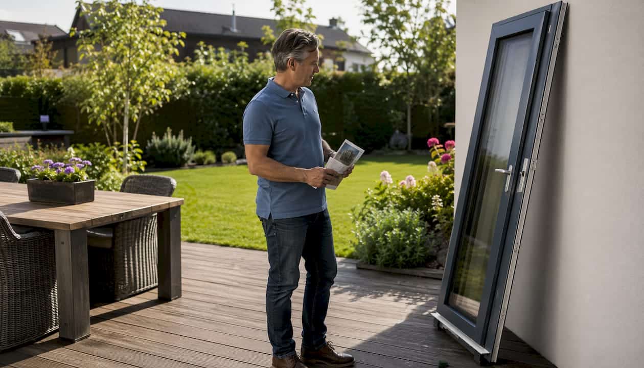 Een man bekijkt binnen een houten achterdeur als voorbeeld.