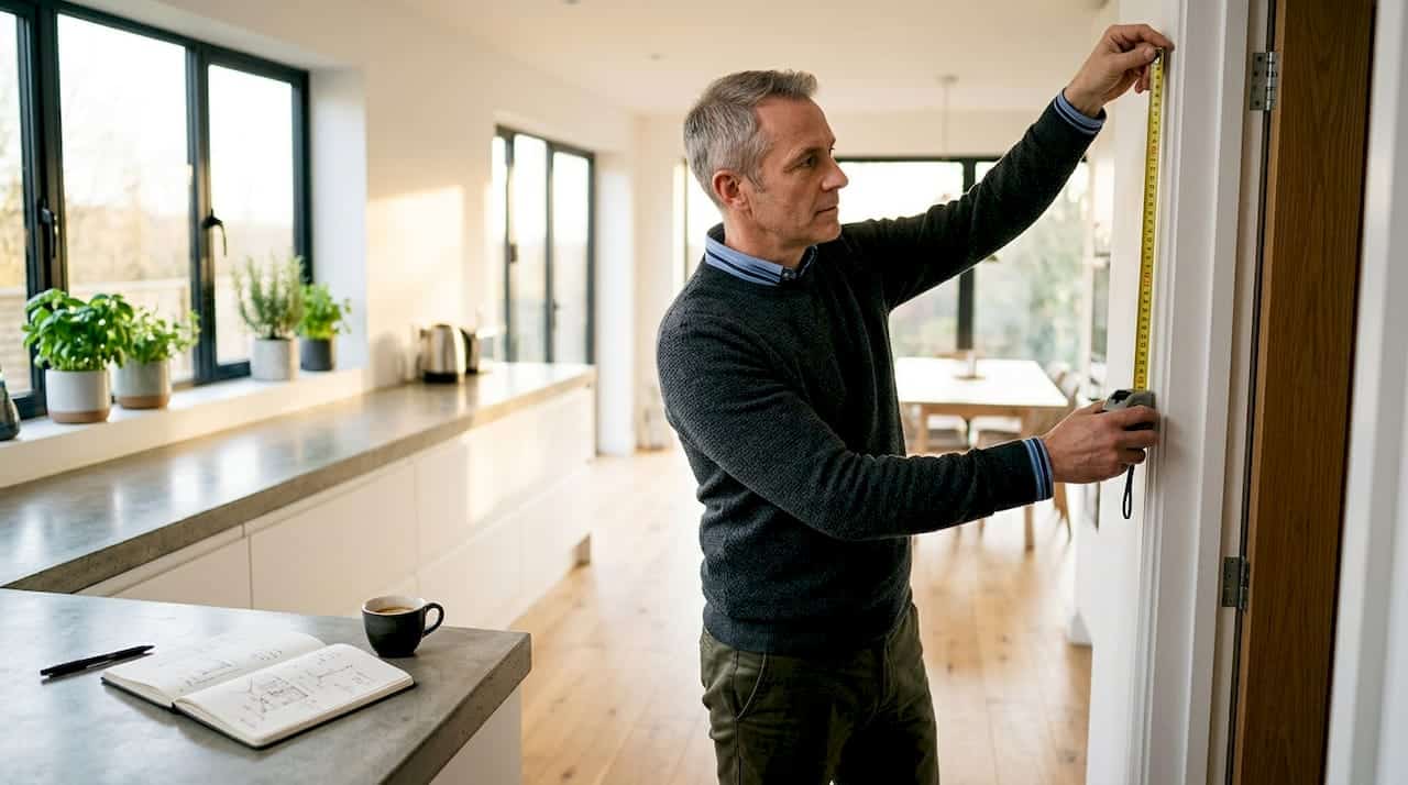 Man meet binnenshuis het kozijn op om een schuifwand te plaatsen