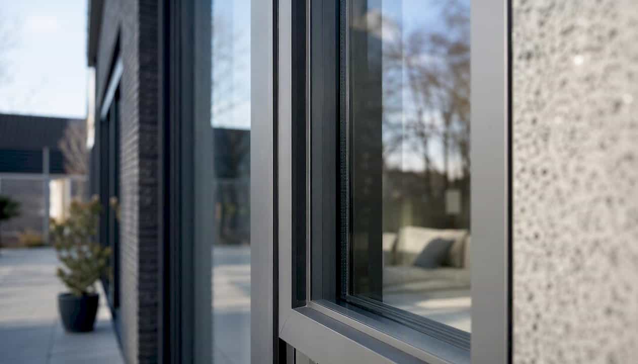Detailopname van een aluminium kozijn met driedubbele beglazing