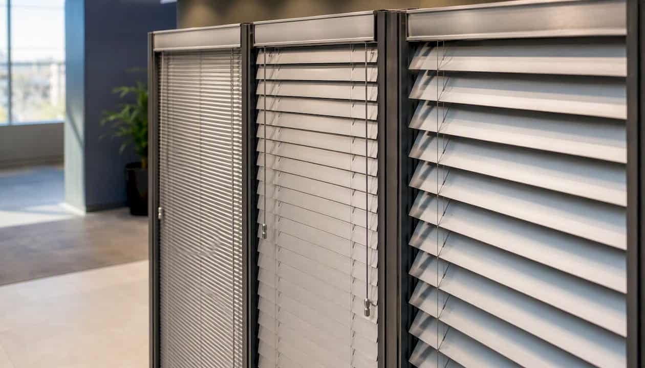 Aluminium jaloezieën verkrijgbaar in drie verschillende lamelbreedtes, naast elkaar gepresenteerd.