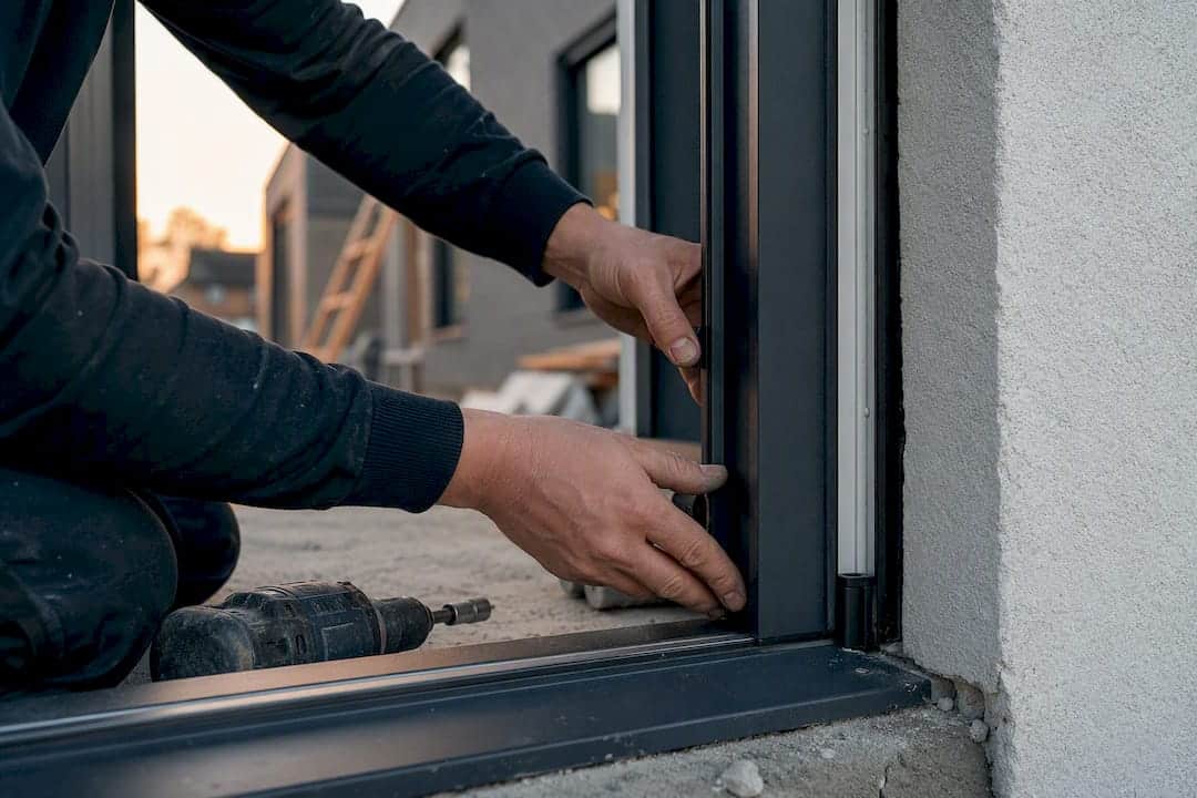 Handen plaatsen een aluminium deurkozijn met een geïntegreerde dorpel