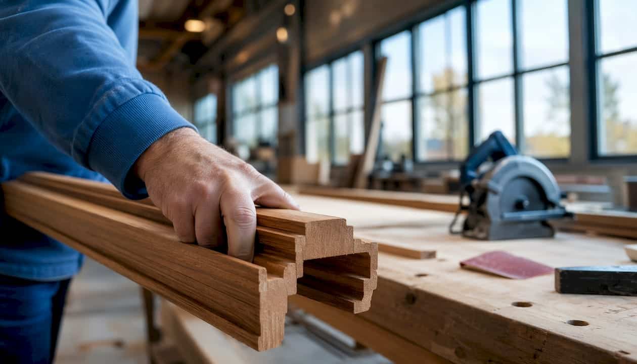 Een hand houdt een houten kozijnprofiel stevig vast.
