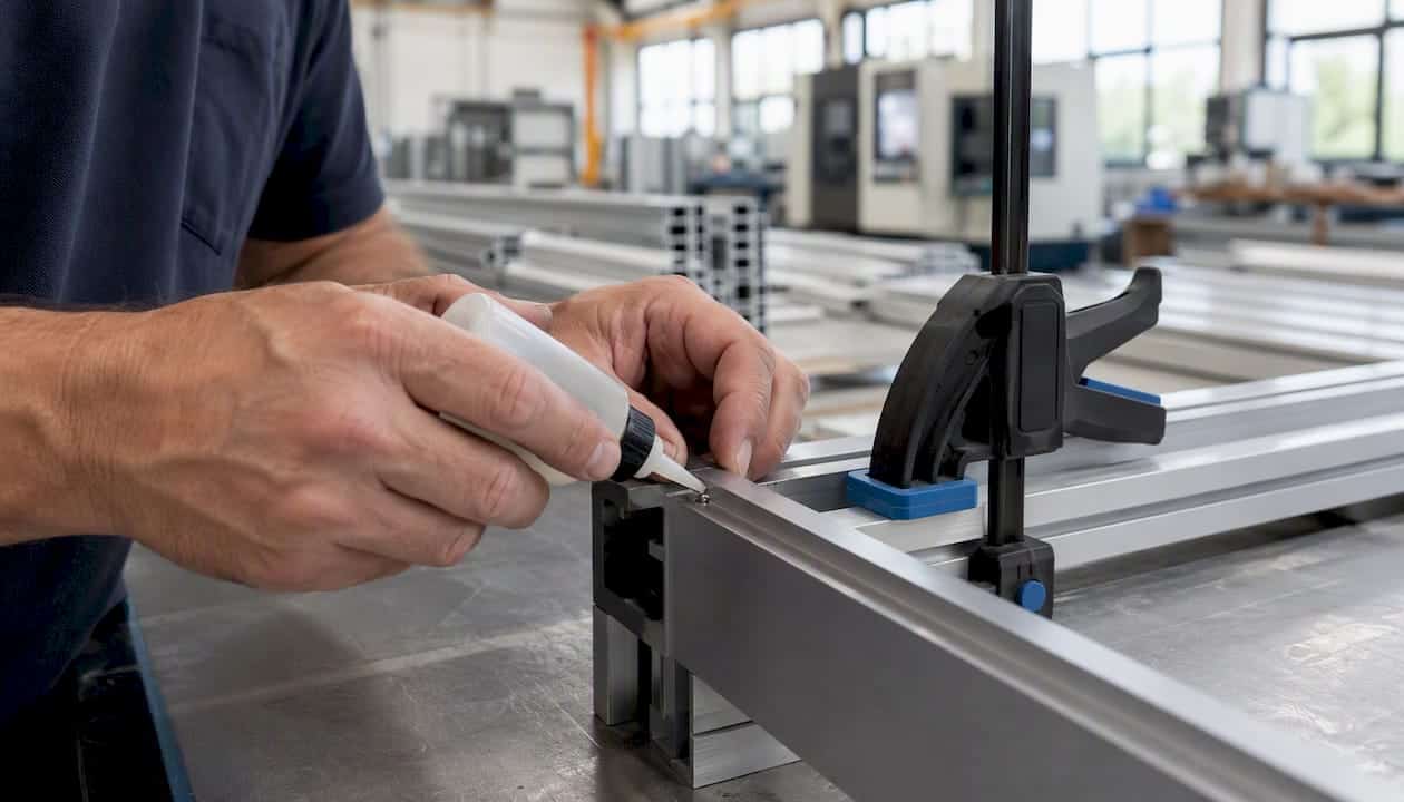 Met de handen wordt lijm aangebracht op een aluminium verbinding.