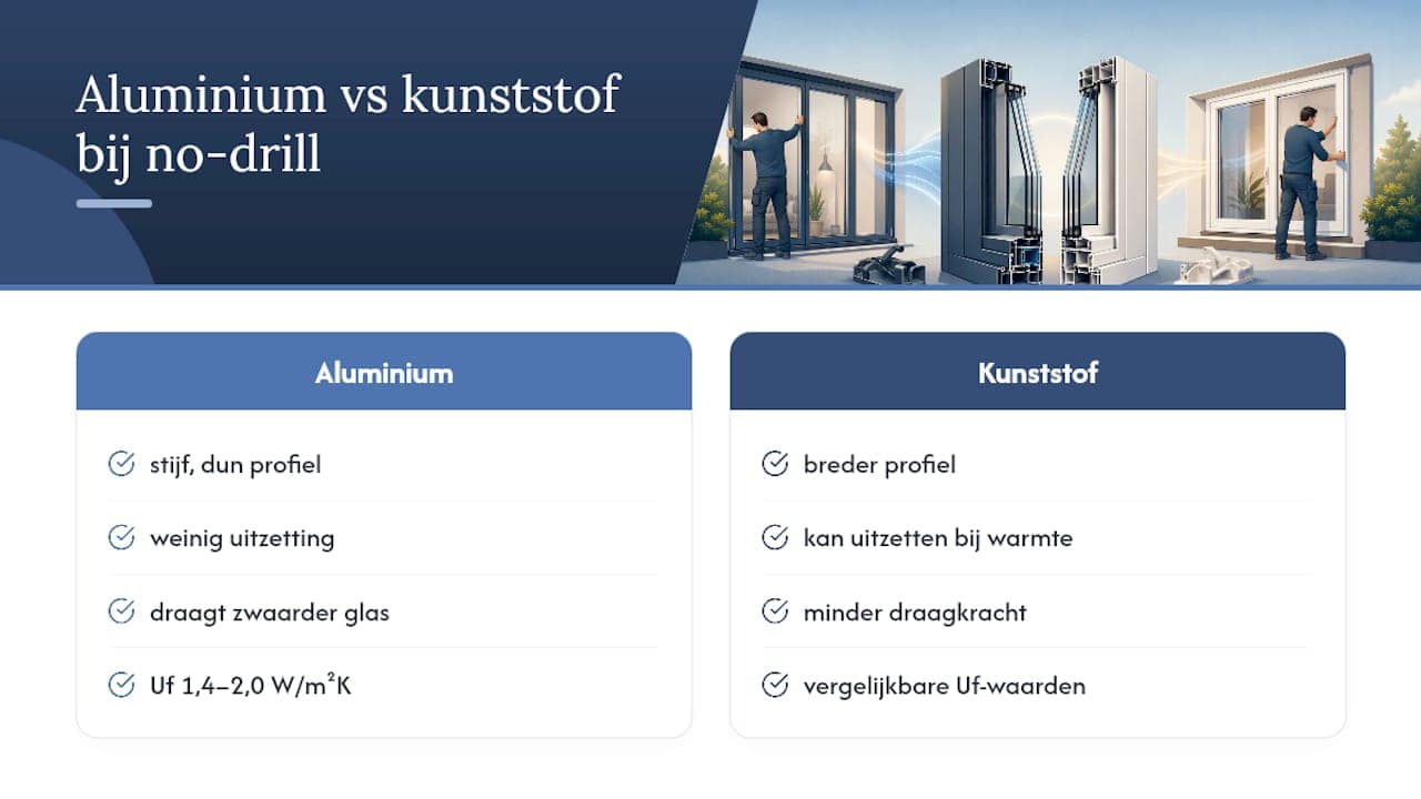 Aluminium versus kunststof kozijnen bij no-drill montage — overview diagram
