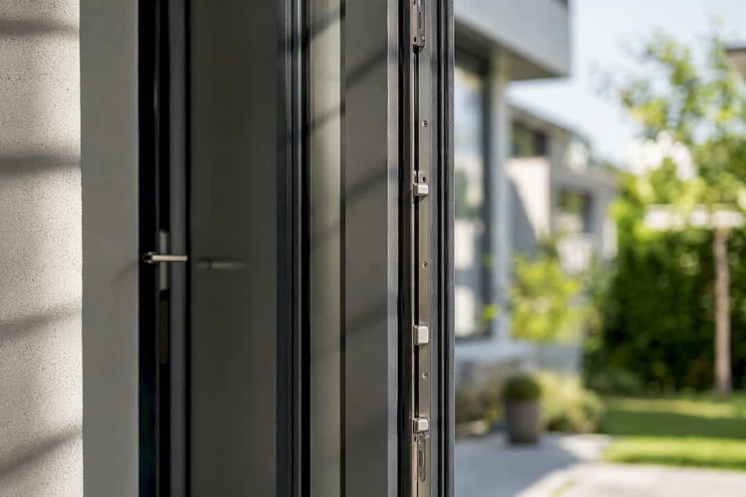 Detailopname van het veilige sluitsysteem van een aluminium voordeur