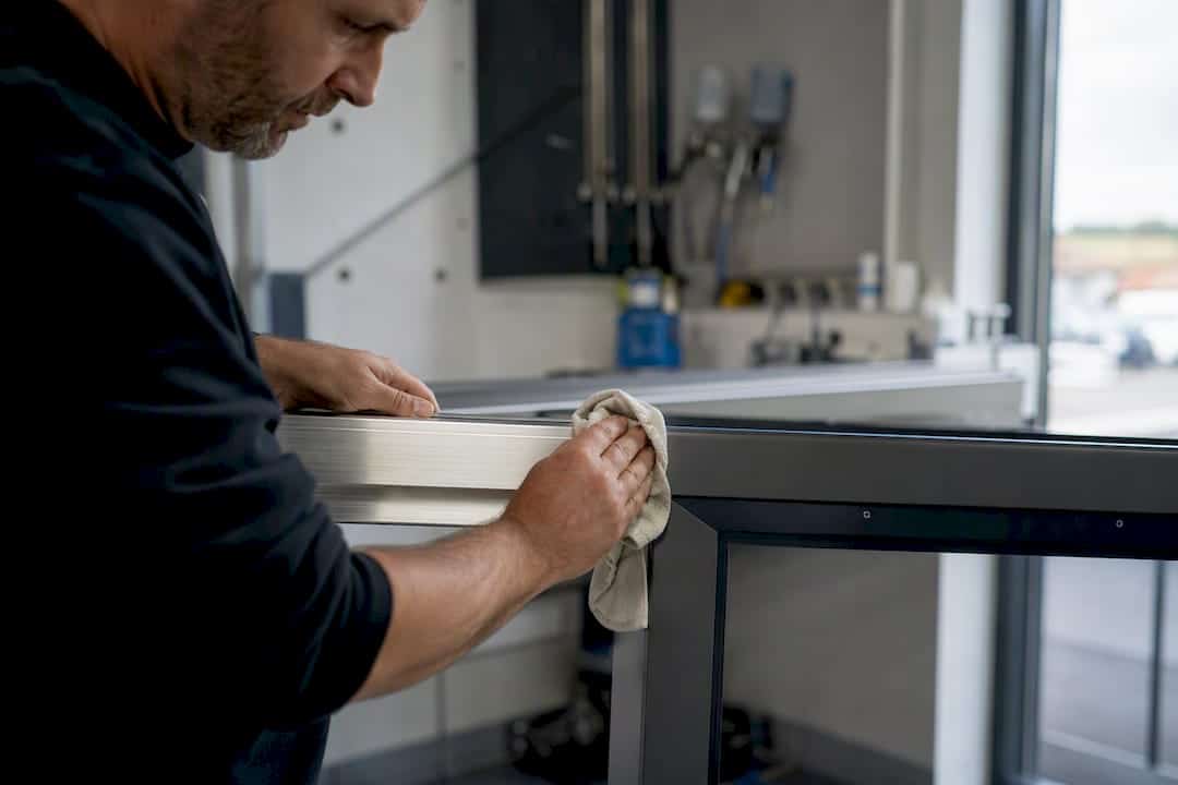 Handen die een geanodiseerd en gepoedercoat aluminium frame poetsen
