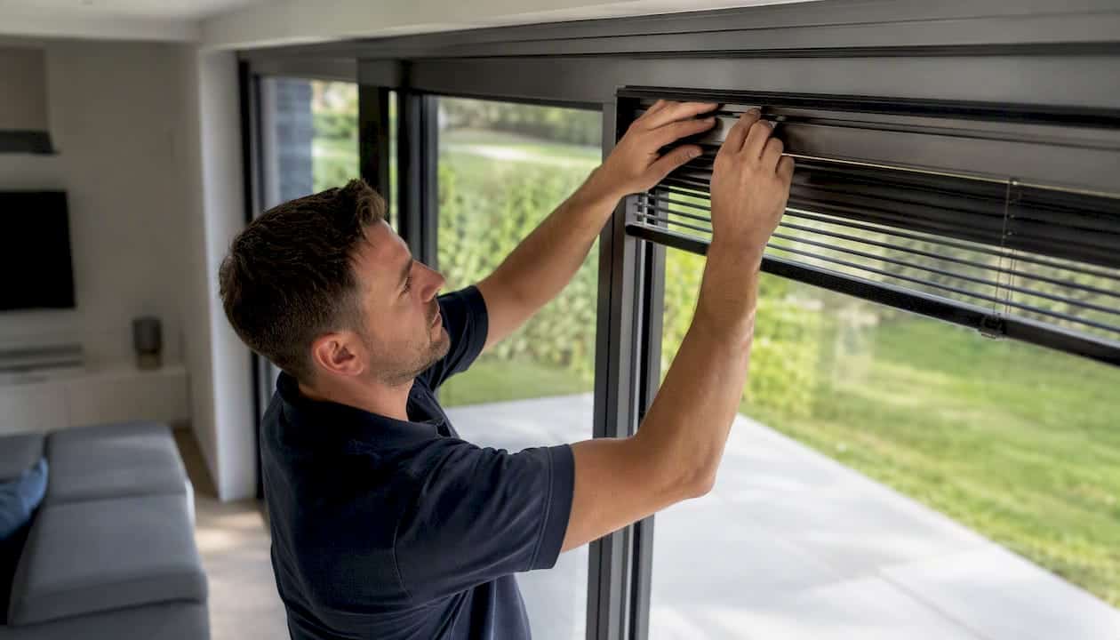 Strak gemonteerde aluminium jaloezieën op het kozijn van de schuifpui