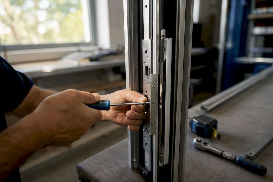 Twee handen plaatsen een nieuw veiligheidsslot op een aluminium deur.
