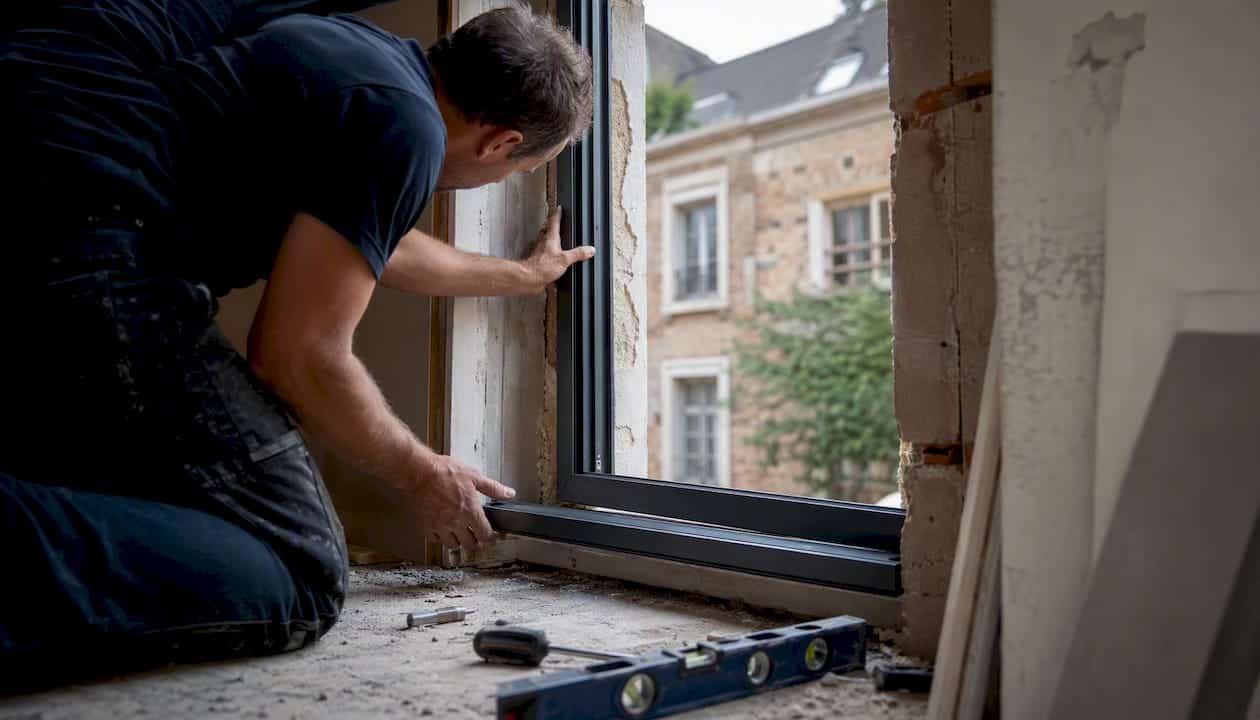 Detailopname van het plaatsen van een aluminium kozijnprofiel