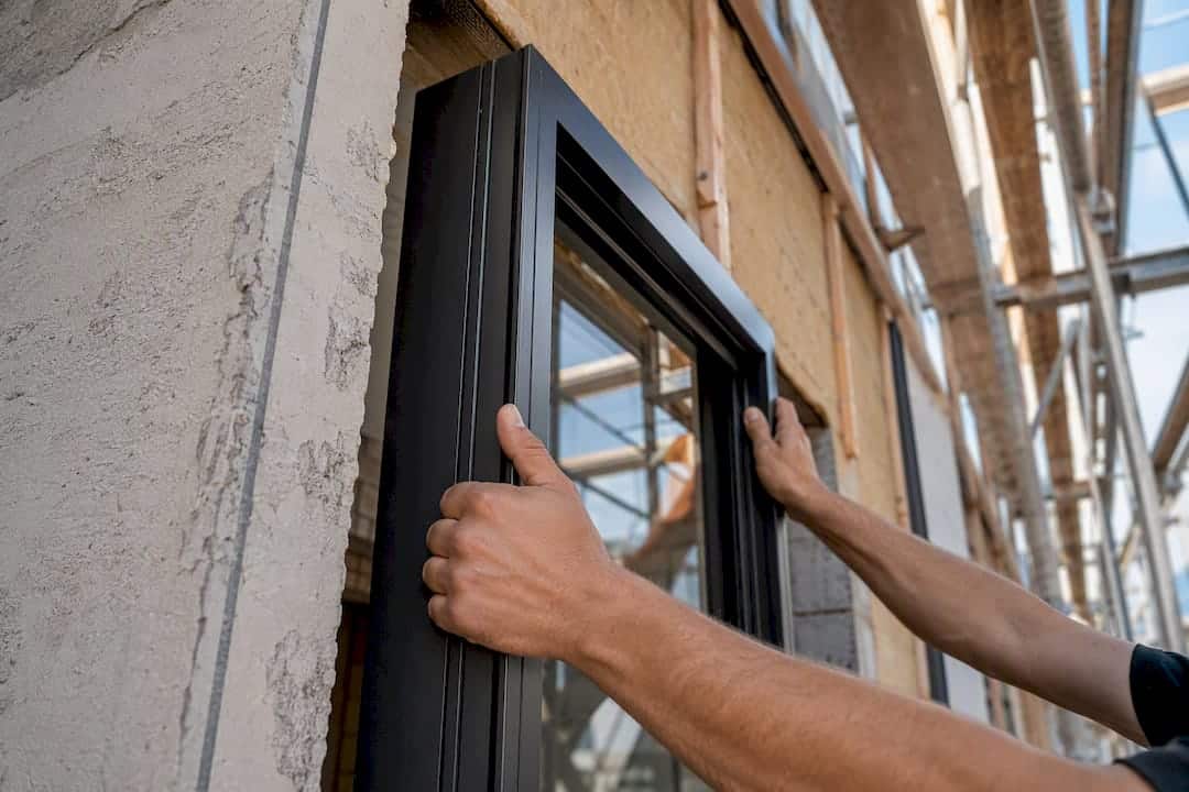 Handen die een slank aluminium kozijn plaatsen