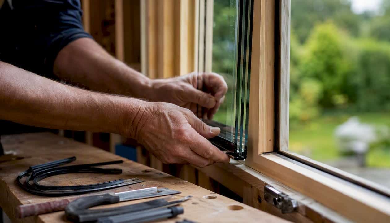 Handen plaatsen een driedubbele ruit in het kozijn.