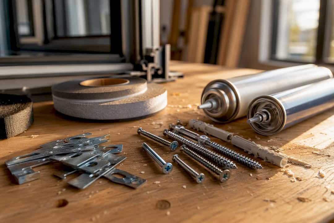 Verschillende bevestigingsmaterialen en afdichtingen op een werkbank