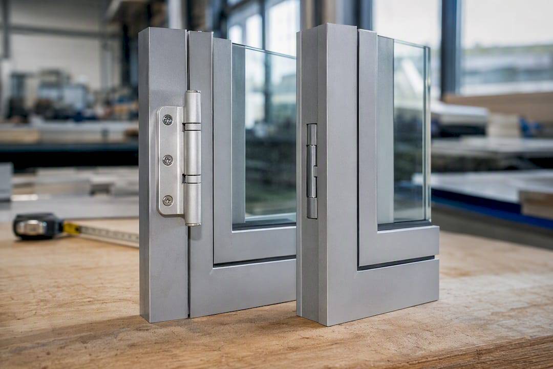 Zichtbare en onzichtbare aluminium scharnieren naast elkaar gepresenteerd