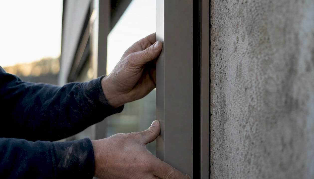 Met de handen wordt een aluminium kozijn aan de buitenkant van het huis geplaatst.