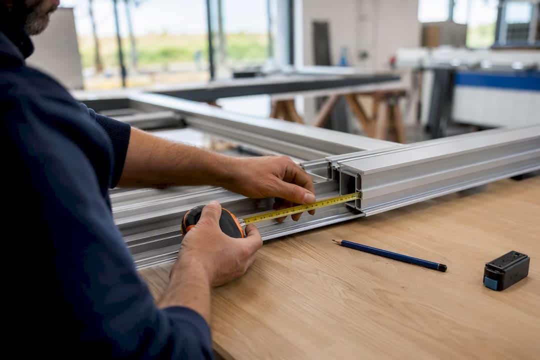 Handen die een aluminium deurkozijn opmeten
