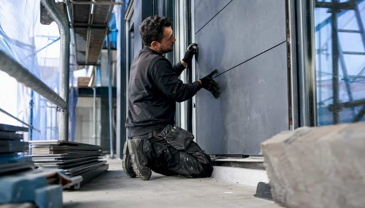 Monteur brengt duurzame, geventileerde gevelpanelen aan