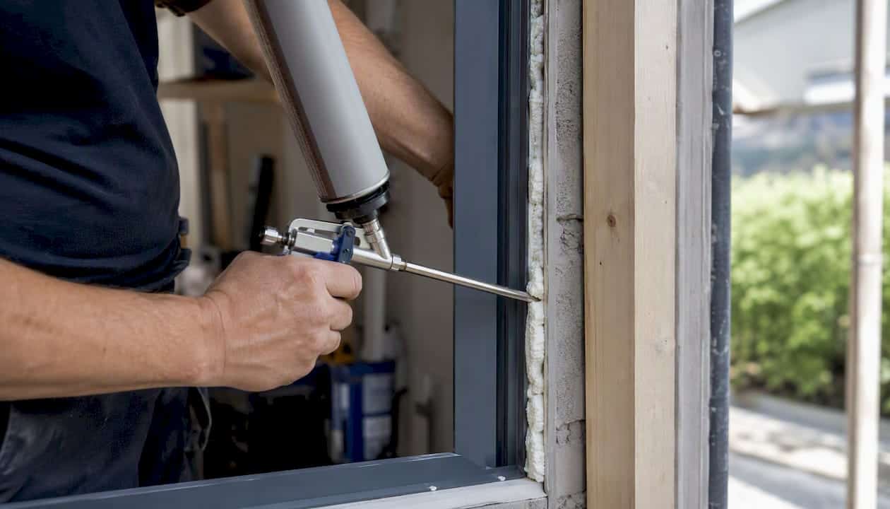 Een monteur plaatst zorgvuldig een luchtdicht aluminium kozijn.