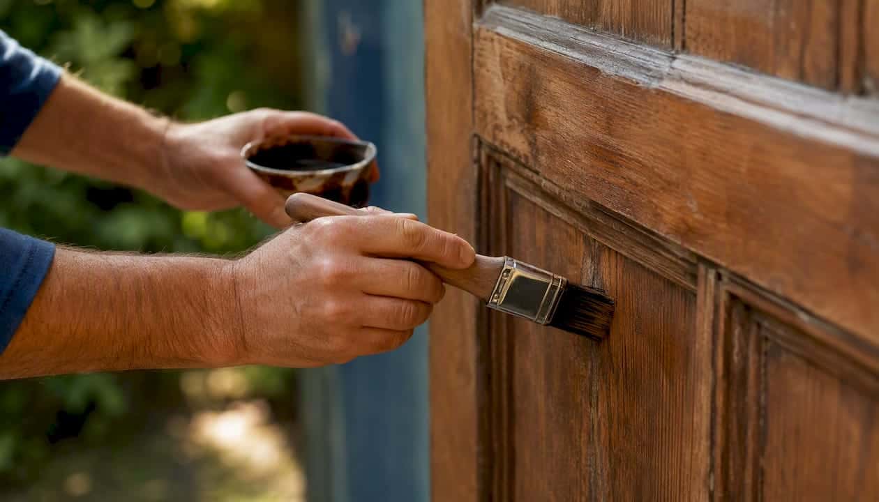 Met zorg smeert iemand houtbeschermingsmiddel op een houten deur.