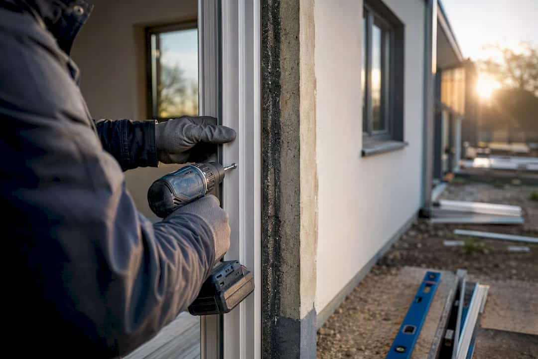 Handen die buiten een aluminium deurkozijn plaatsen