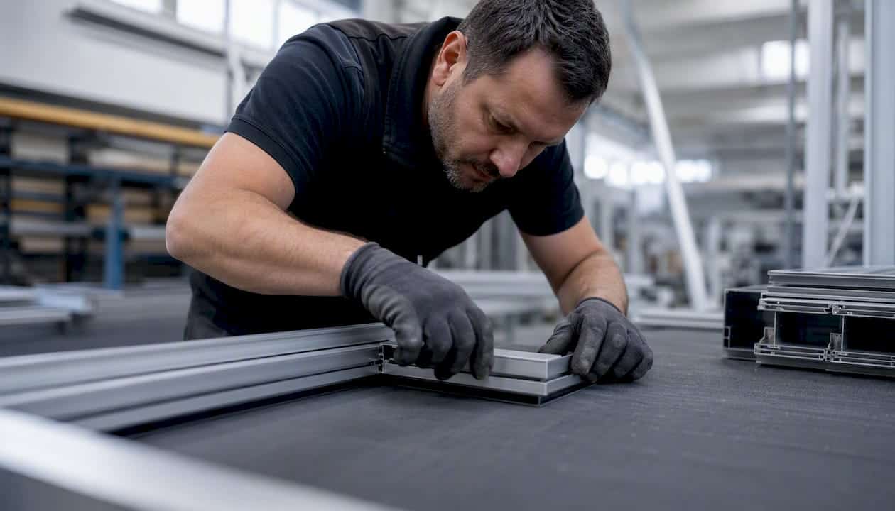 Een medewerker is bezig met het plaatsen van een prefab aluminium frame.