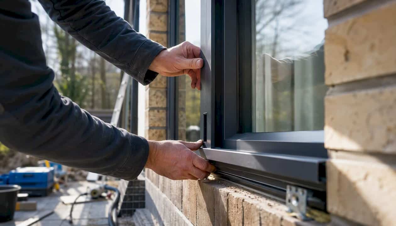 Twee handen plaatsen een aluminium kozijn in het raam.