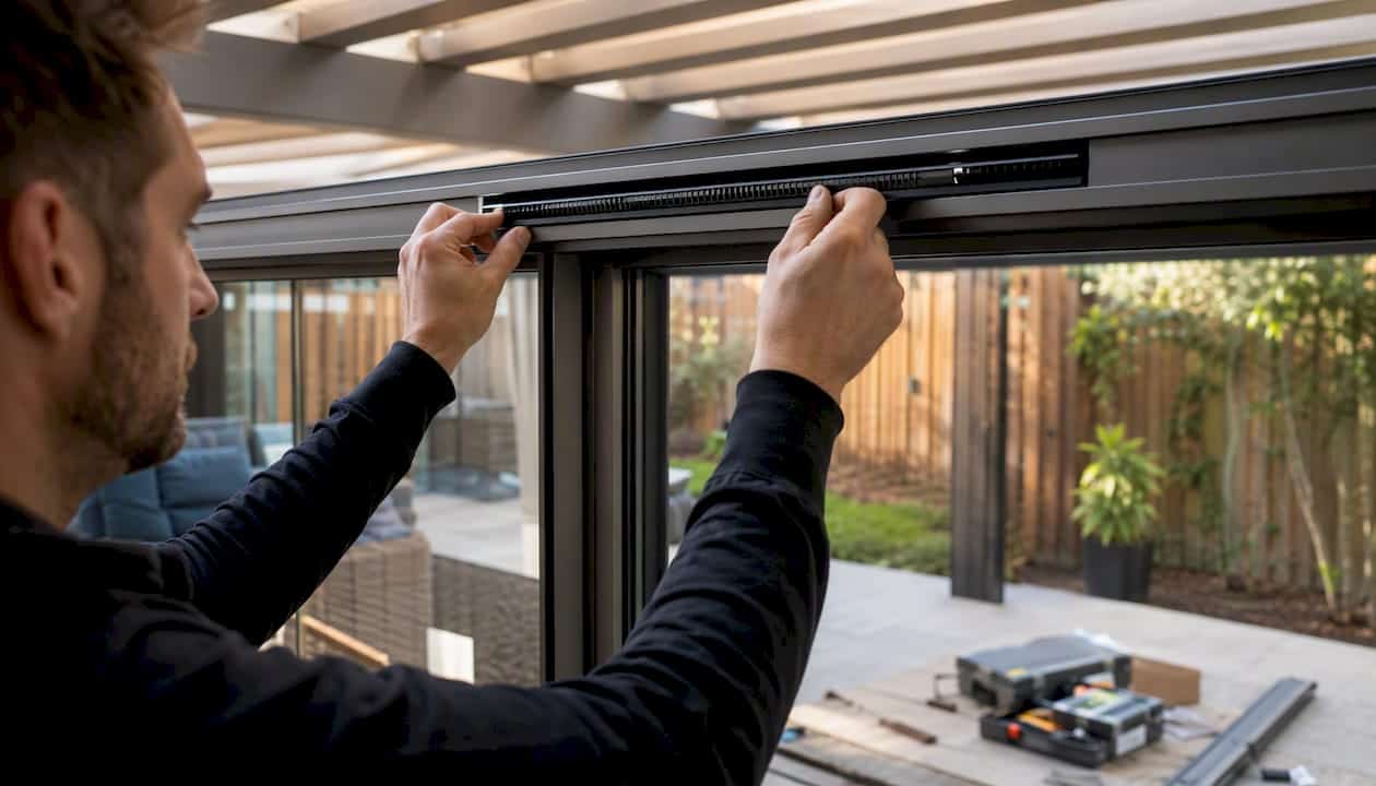 Handen plaatsen een ventilatierooster in een schuifdeur