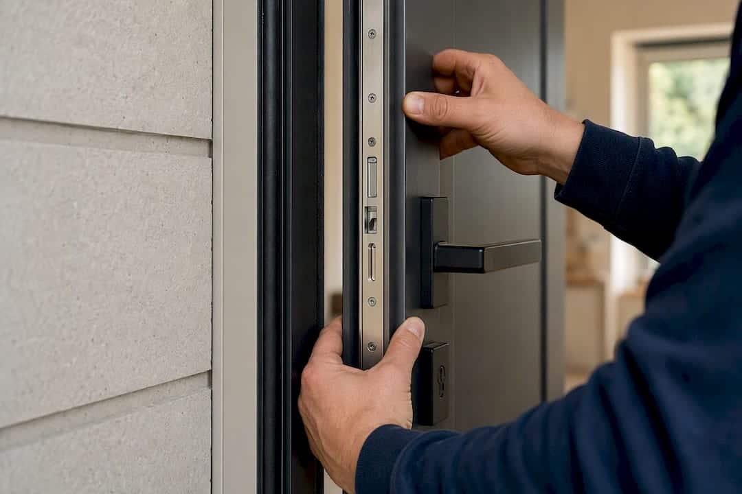 Twee handen plaatsen een aluminium strip langs de rand van een voordeur.