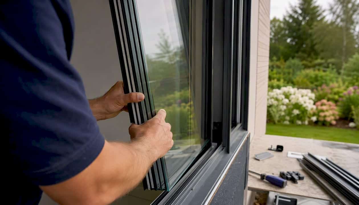 Monteurs plaatsen driedubbel glas in een aluminium kozijn.