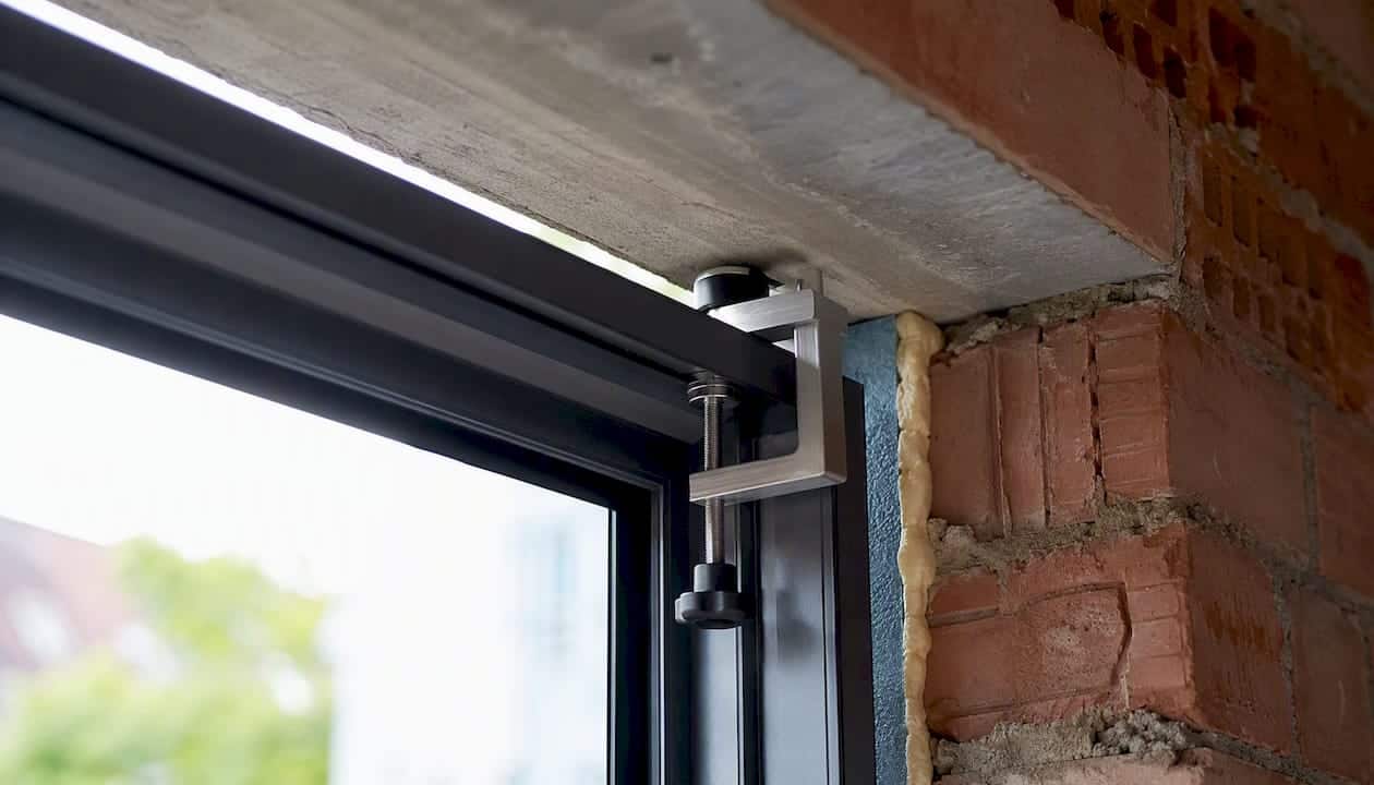 Detail van een klembevestiging op een aluminium kozijn
