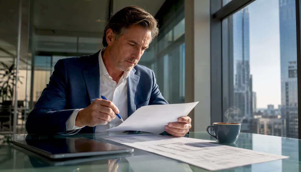 Inkopers in het bedrijfsleven laten zich informeren over offertes voor triple glas.