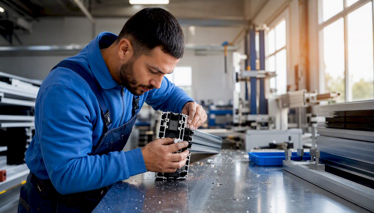 Handen die een aluminium profiel met thermische onderbreking in elkaar zetten