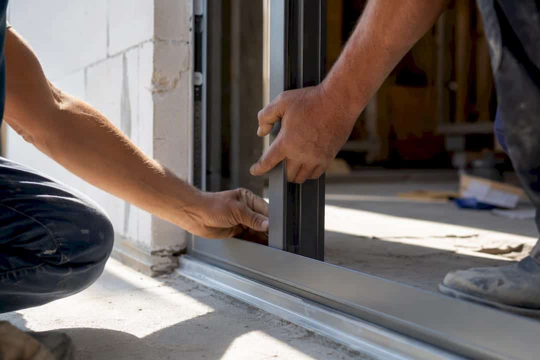 Handen die een lichtgewicht aluminium schuifdeur optillen