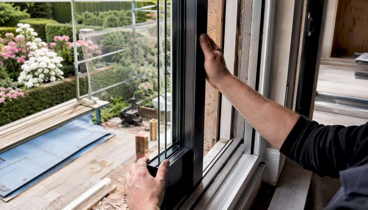 Met de hand wordt een aluminium deurkozijn geplaatst.