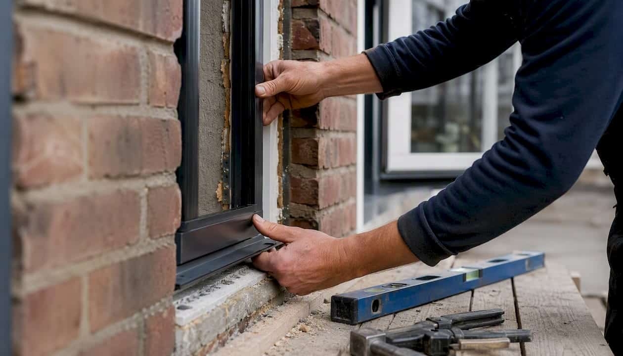 Een paar handen plaatst een aluminium kozijn voor renovatie.
