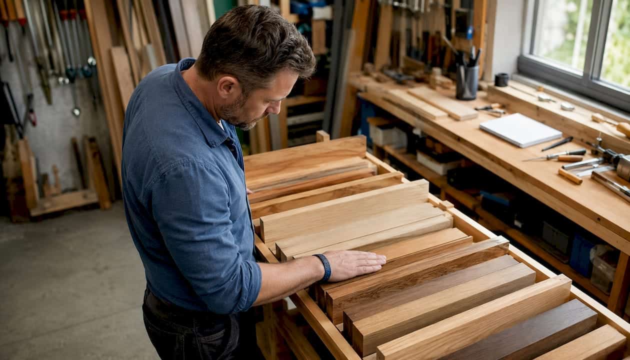 Een ervaren bouwvakker bekijkt zorgvuldig de verschillende houtsoorten die gebruikt worden voor kozijnen.