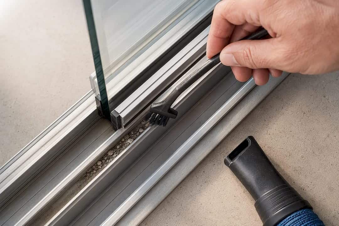 De rail van de glasconstructie wordt grondig schoongemaakt