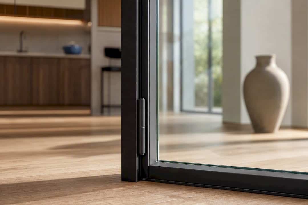 Detail van een zwart frame en glas tussen kamers