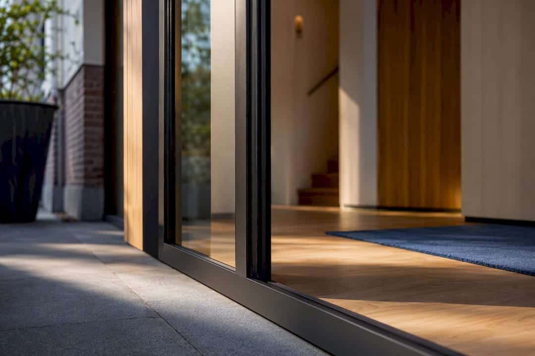 Detail van een elegante glazen ingang met een donker profiel