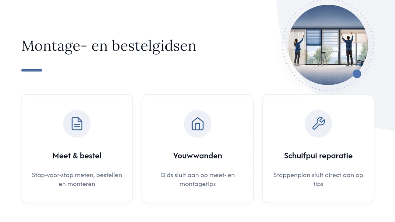 Praktische montage en bestelhulp — overview diagram