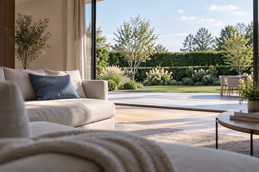 Zicht vanuit de woonkamer naar de tuin