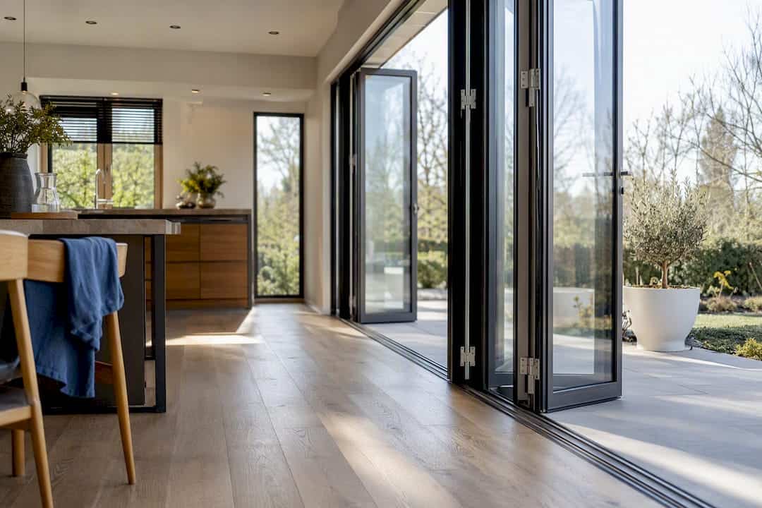 Deels opengevouwen vouwwand in huis